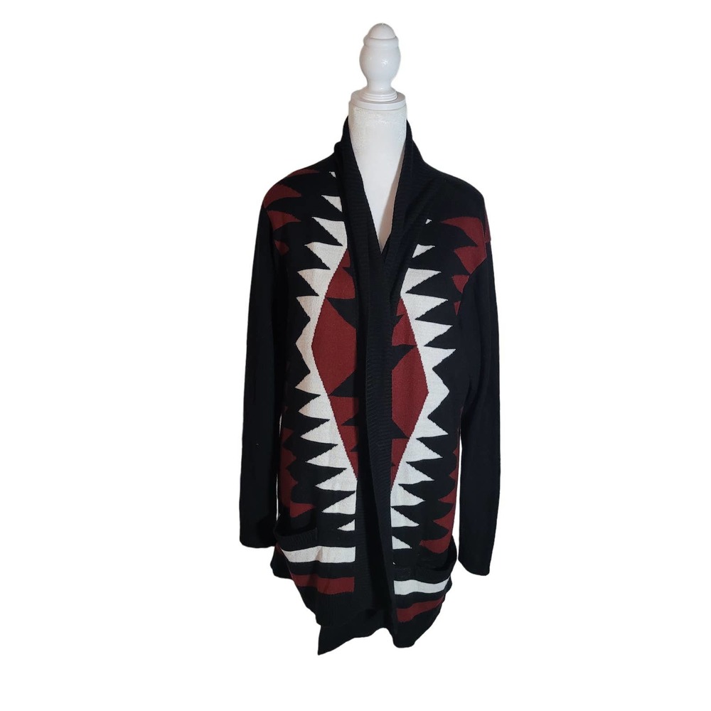 Black & Burgundy Geometric Open-Front Cardigan Sweater